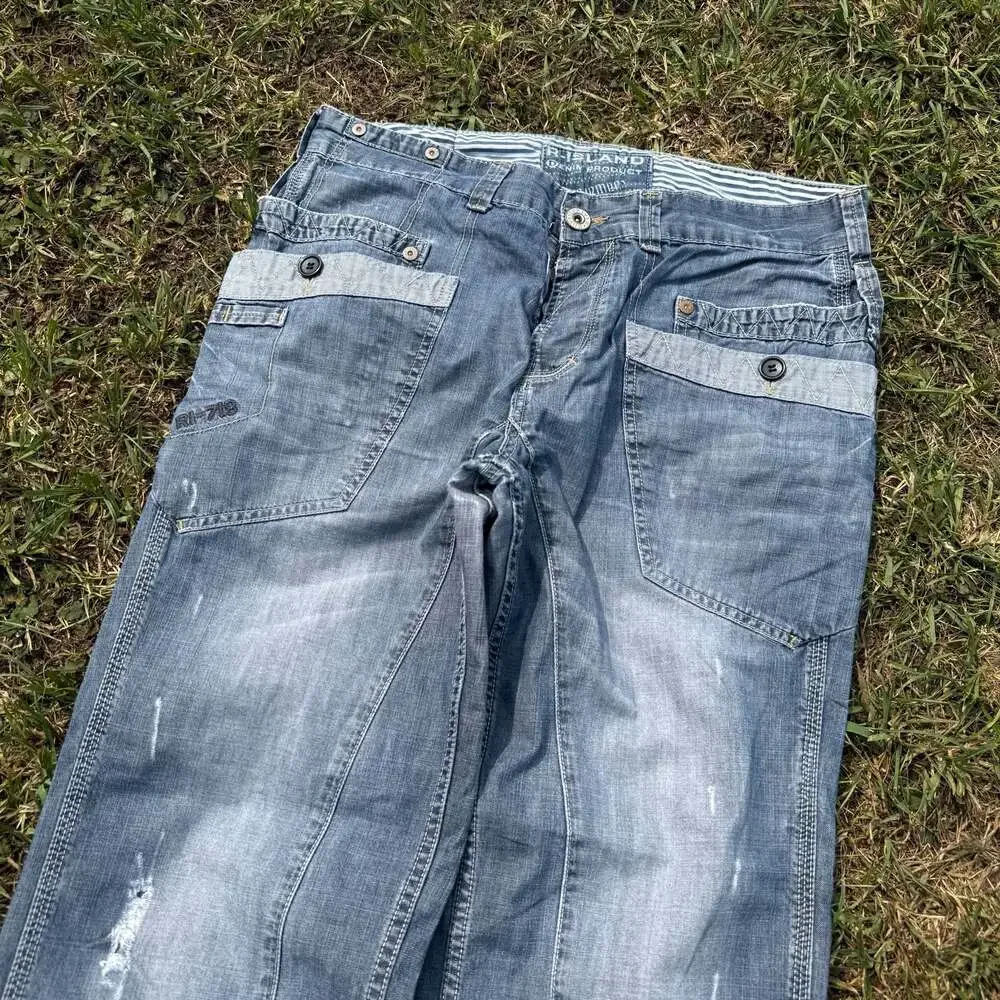 R-Island Denim Product Y2K Multi-Pocket Distressed Straight Leg Jeans